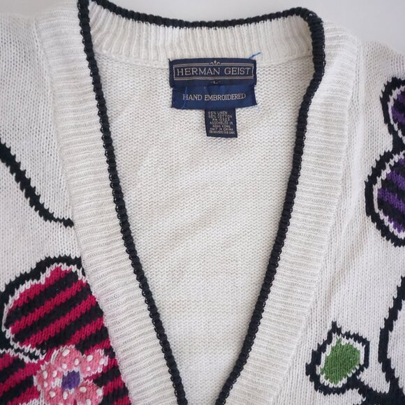 Vintage Herman Geist White Cotton Cardigan Floral Embroidered Grandmacore M - Picture 11 of 11